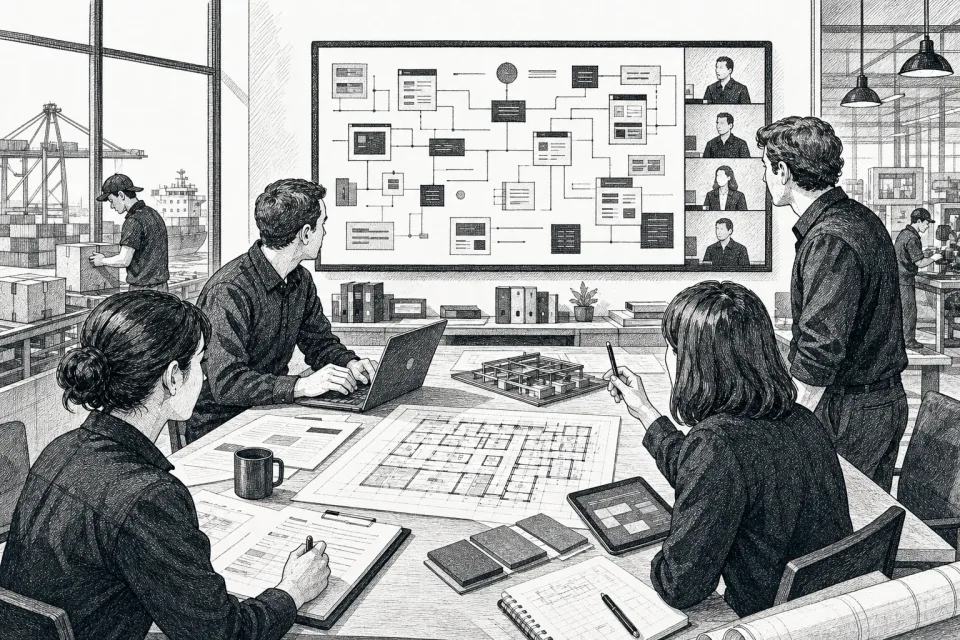 Pen-and-ink illustration of a cross-border operations team connecting records while coordinating a custom build.