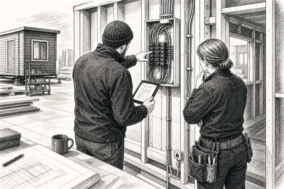 Pen-and-ink illustration of factory staff checking an electrical circuit against a surfaced specification before wall framing.