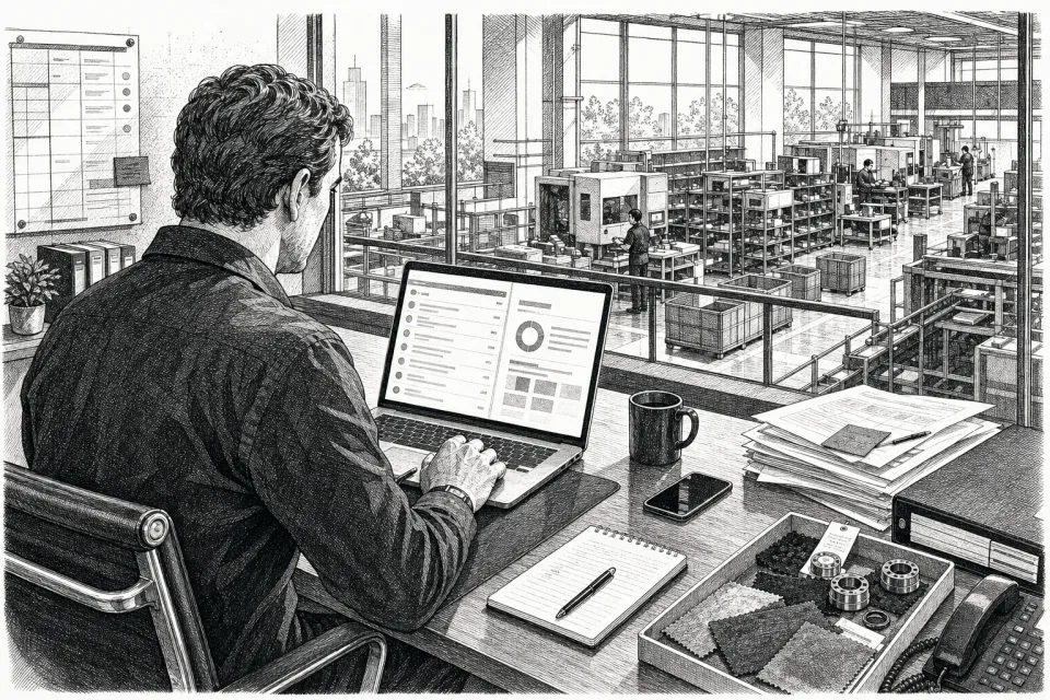 Pen-and-ink illustration of a manufacturing founder reviewing an organized briefing from an office overlooking the factory floor.