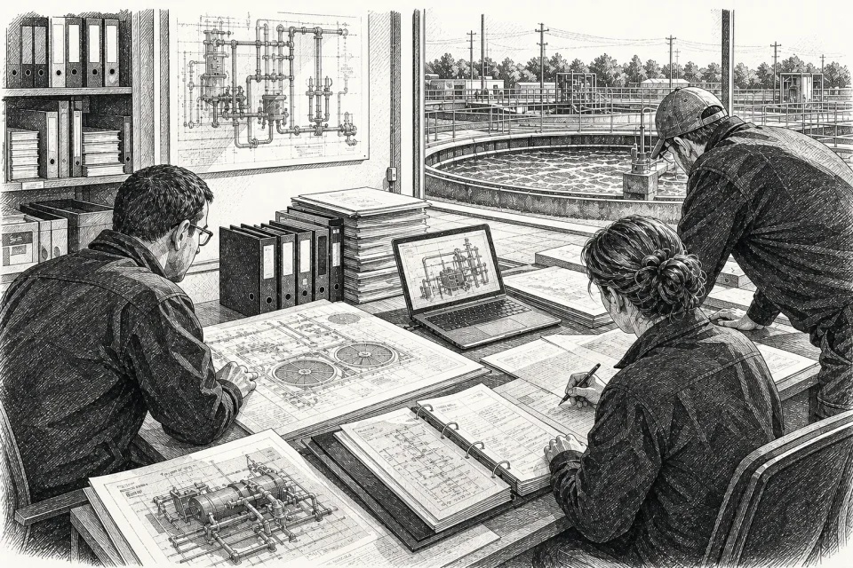 Pen-and-ink illustration of wastewater engineers reviewing plant schematics and archive binders beside a treatment facility.