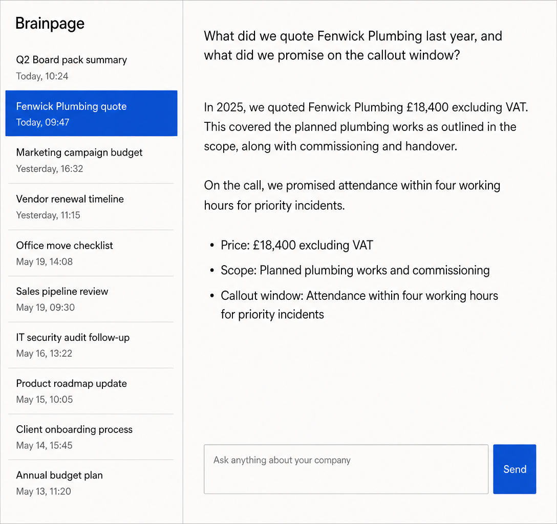 The Brainpage workspace answering a question about what the company quoted a customer last year.
