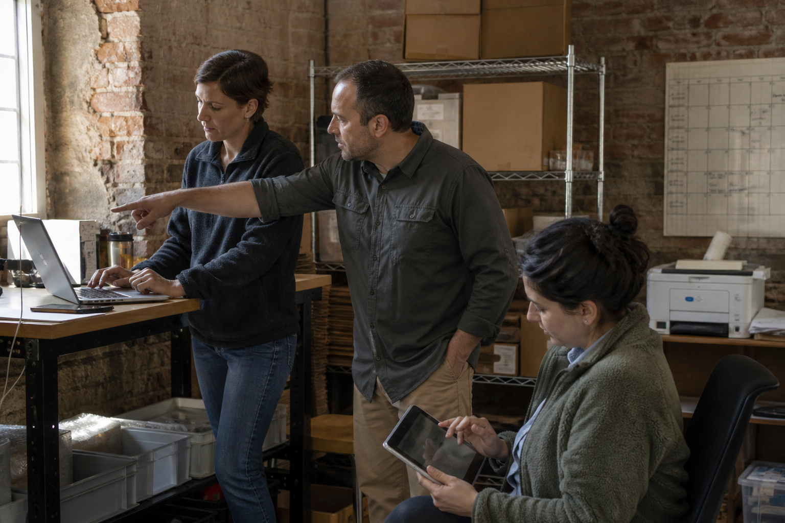 Three people working together around a laptop in a small business unit.
