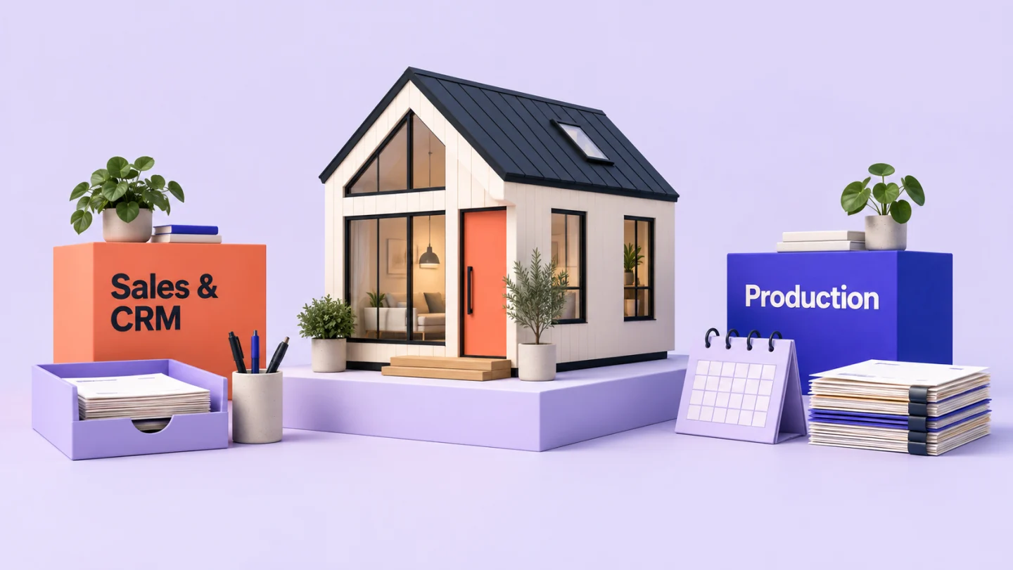 Illustration of a tiny home with sales and CRM, inbox, calendar, and production work around it.
