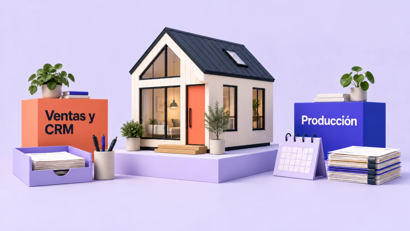 Ilustración de una casa pequeña con tareas de ventas, CRM y producción a su alrededor.