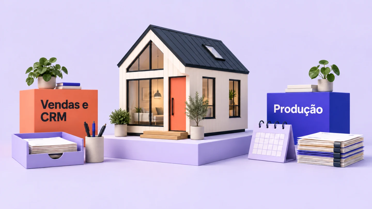Ilustração de uma casa pequena com tarefas de vendas, CRM e produção ao redor.